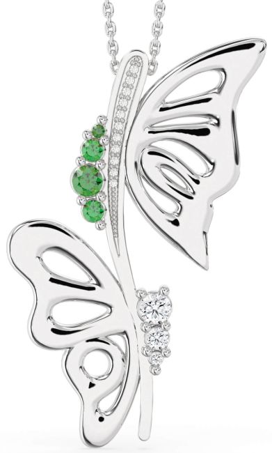 Large Diamond Emerald Silver Butterfly Necklace