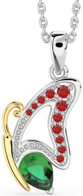 Emerald & Ruby Gold Silver Butterfly Necklace
