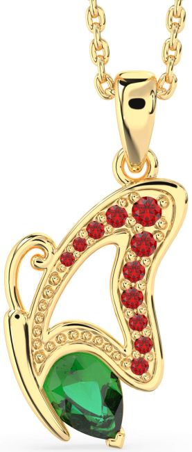 Emerald & Ruby Gold Silver Butterfly Necklace