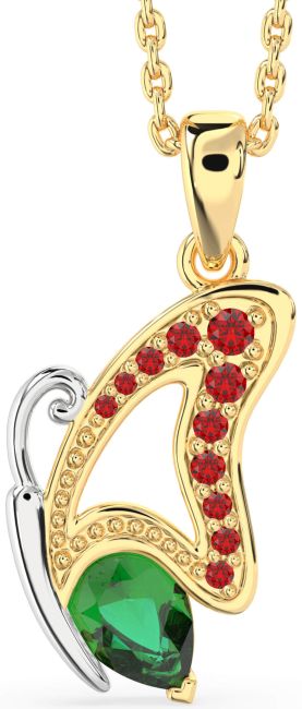 Emerald & Ruby Gold Silver Butterfly Necklace