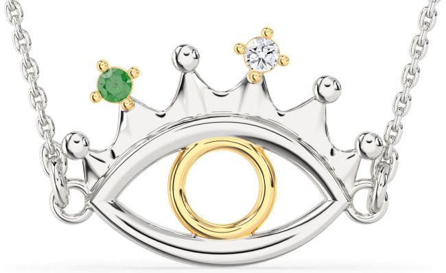 Large Gold Silver Evil Eye Crown Necklace