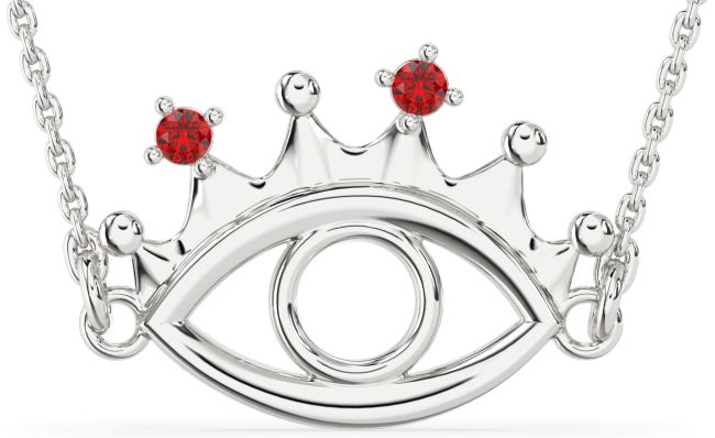 Large Ruby Platinum Evil Eye Crown Birthstone Necklace