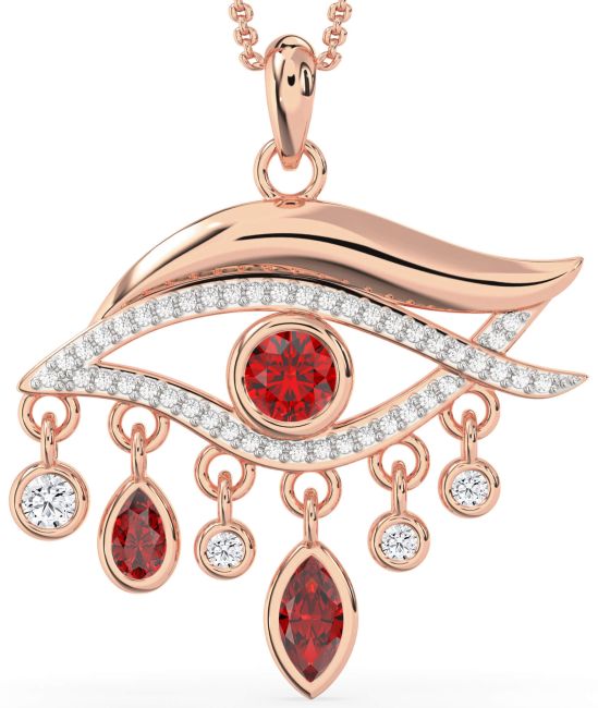 Large Diamond Ruby Rose Gold Evil Eye Necklace