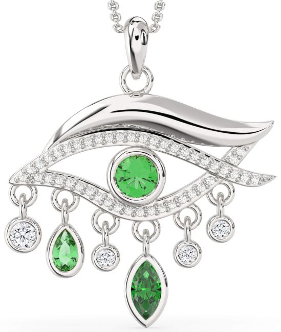 Large Diamond Emerald Silver Evil Eye Necklace