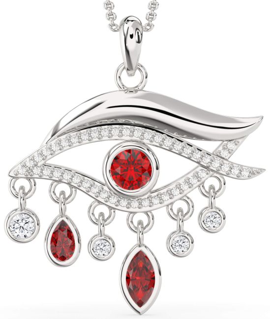 Large Diamond Ruby Silver Evil Eye Necklace