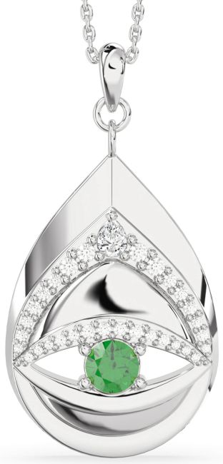 Large Diamond Emerald Silver Evil Eye Necklace