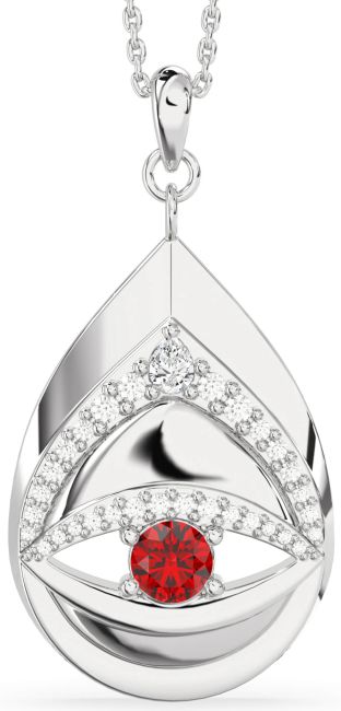 Large Diamond & Ruby Silver Evil Eye Necklace
