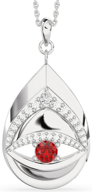Large Diamond Ruby Silver Evil Eye Necklace
