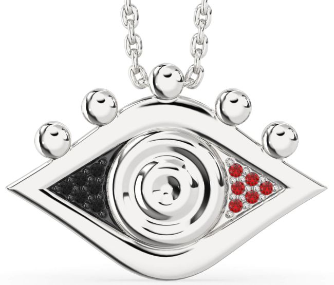 Black Diamond & Ruby Silver Evil Eye Necklace