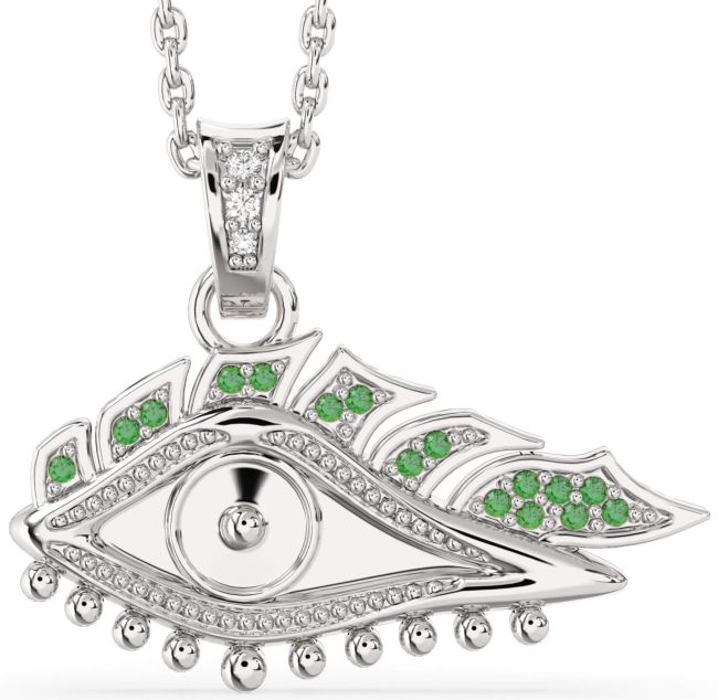 Large Diamond Emerald Silver Evil Eye Necklace
