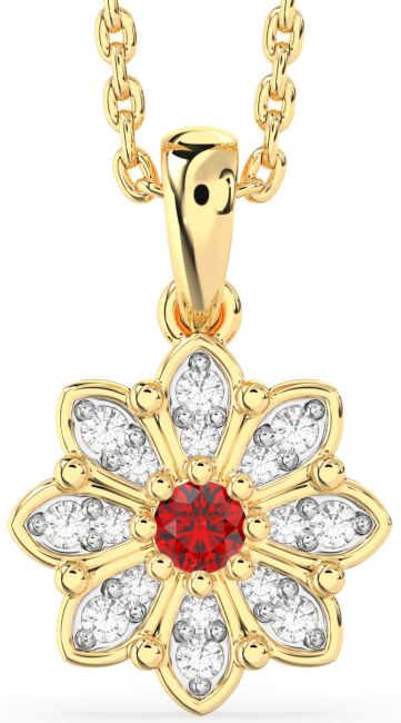 Diamond Ruby Gold Silver Daisy Flower Necklace