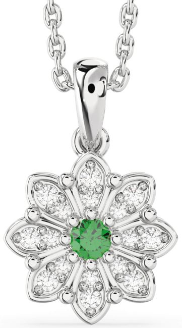 Diamond Emerald Silver Daisy Flower Necklace