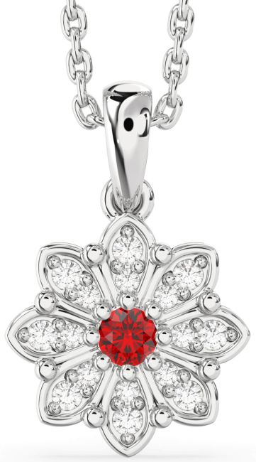 Diamond Ruby White Gold Daisy Flower Necklace