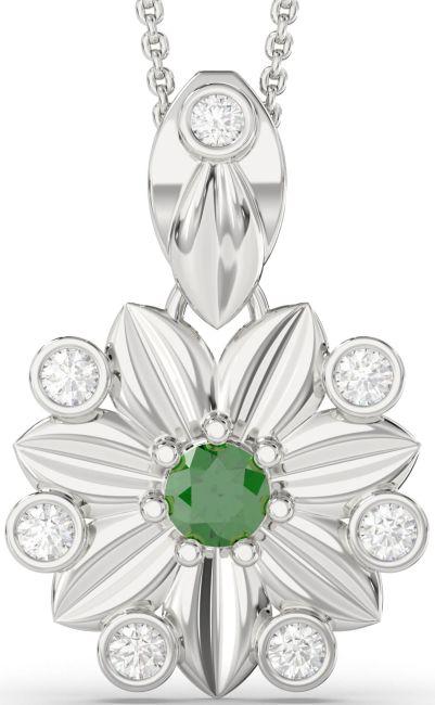 Large Diamond Emerald Platinum Flower Necklace