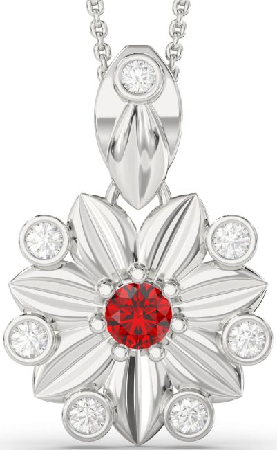 Large Diamond Ruby Silver Flower Necklace