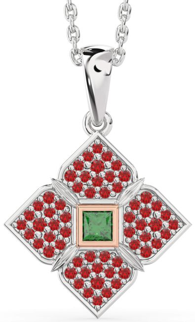 Emerald & Ruby White Rose Gold Flower Necklace