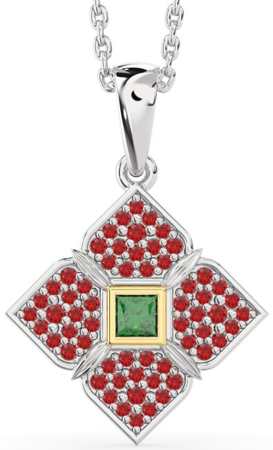 Emerald & Ruby Platinum & Yellow Gold Flower Necklace