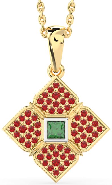 Emerald & Ruby Gold Silver Flower Necklace