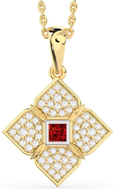 Ruby White Yellow Gold Flower Necklace