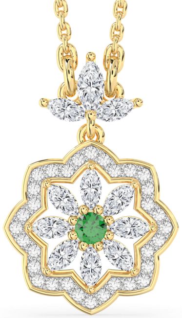 Diamond Emerald Gold Silver Flower Necklace