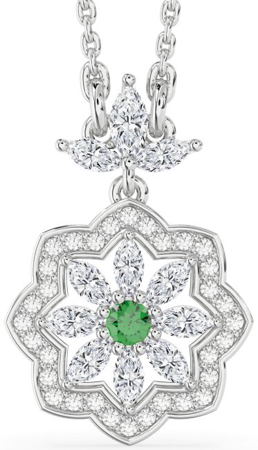 Diamond Emerald Silver Flower Necklace