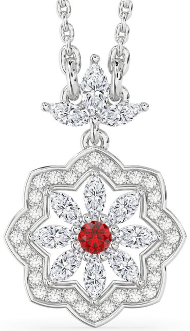 Diamond Ruby White Gold Flower Necklace