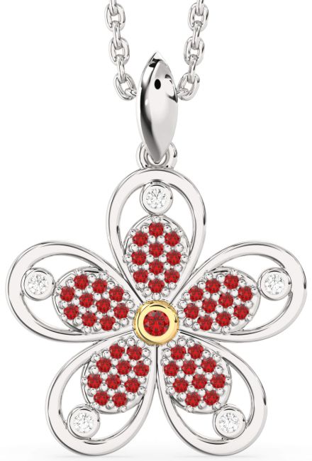 Diamond Ruby Gold Silver Flower Necklace