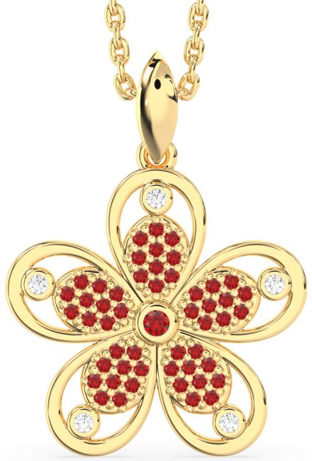 Diamond Ruby Gold Silver Flower Necklace