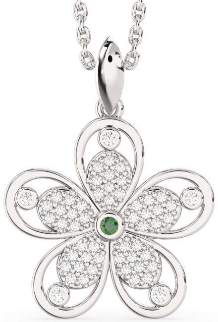 Diamond Emerald Silver Flower Necklace