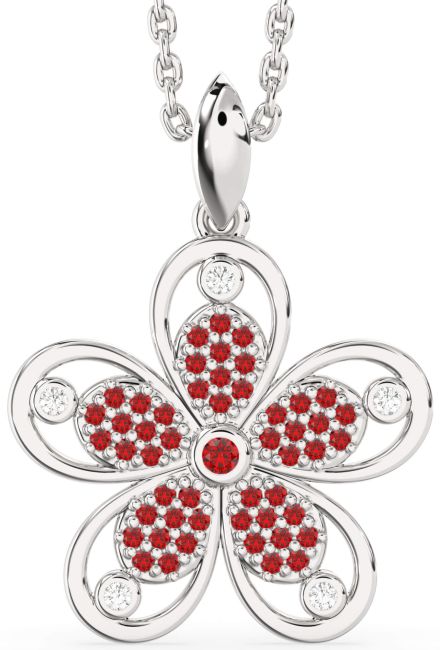 Diamond Ruby Silver Flower Necklace