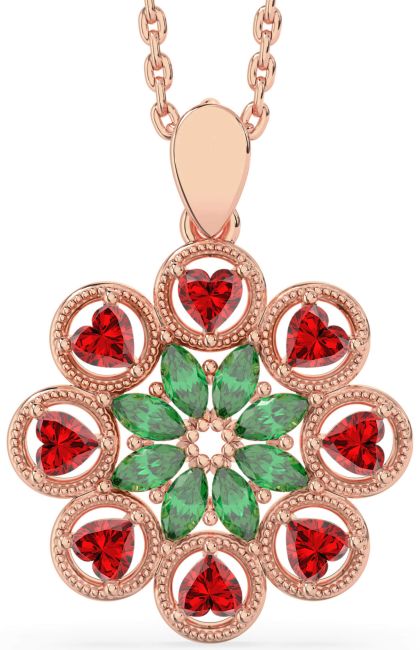Emerald & Ruby Rose Gold Silver Heart Necklace