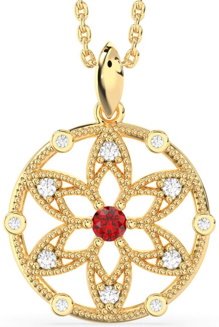 Diamond Ruby Gold Silver Flower Necklace