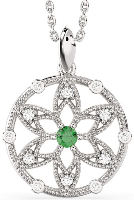 Diamond Emerald Silver Flower Necklace