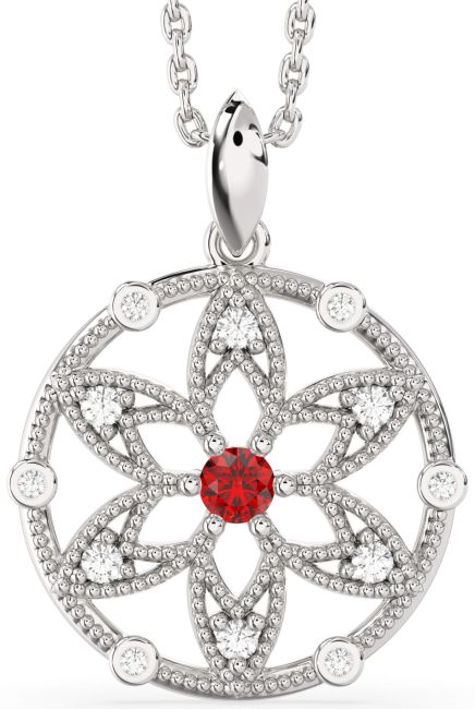 Diamond Ruby Silver Flower Necklace