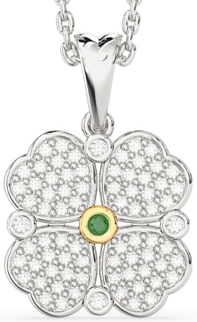 Diamond Emerald Gold Silver Clover Necklace