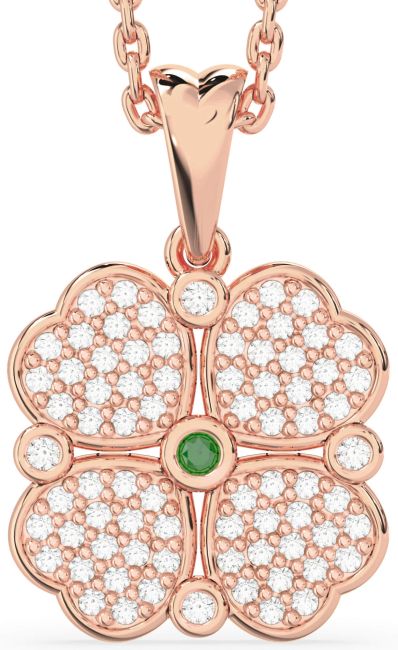 Diamond Emerald Rose Gold Clover Necklace