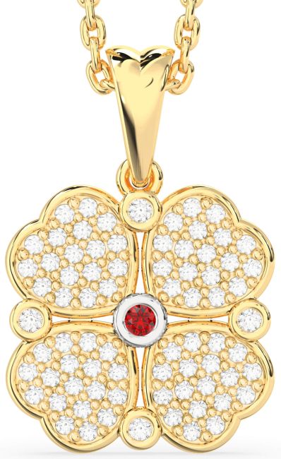 Diamond Ruby Gold Silver Clover Necklace