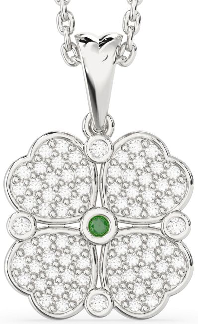 Diamond Emerald Silver Clover Necklace
