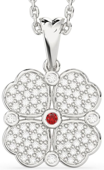 Diamond Ruby White Gold Clover Necklace