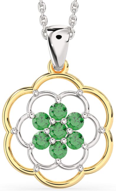 Emerald Silver & 10K gold Flower Necklace