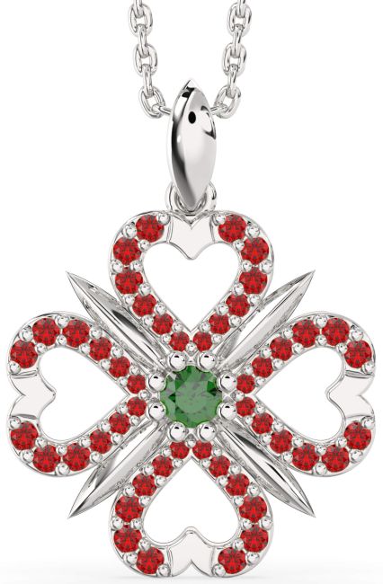 Emerald & Ruby White Gold Clover Necklace