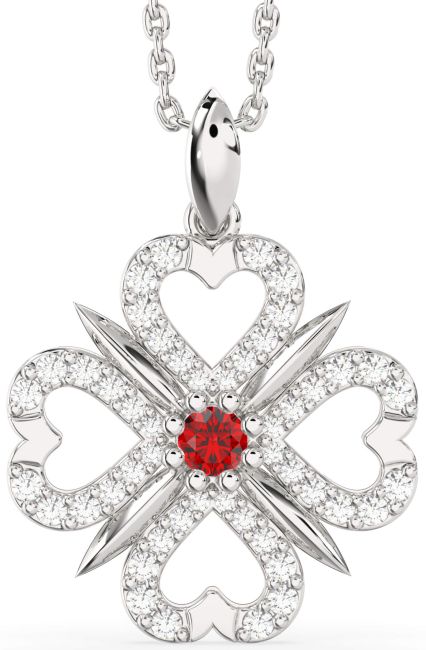 Diamond & Ruby White Gold Clover Necklace