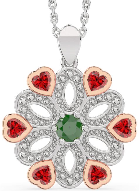 Emerald & Ruby White Rose Gold Flower Necklace