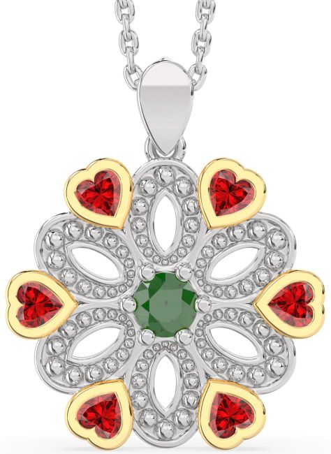 Emerald & Ruby White Yellow Gold Flower Necklace