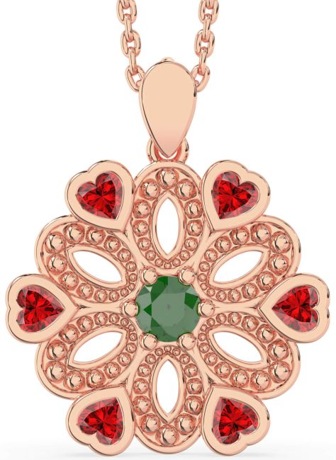 Emerald & Ruby Rose Gold Silver Flower Necklace