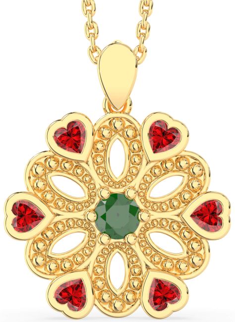 Emerald & Ruby Gold Silver Flower Necklace