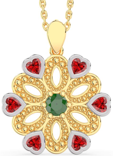 Emerald & Ruby Gold Silver Flower Necklace