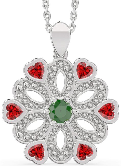 Emerald & Ruby Silver Flower Necklace