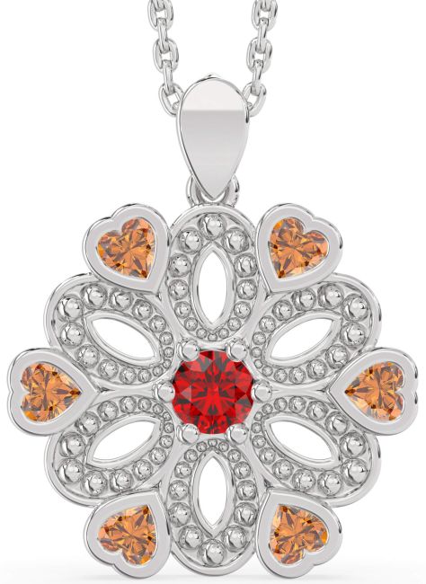 Ruby & Citrine Silver Flower Necklace