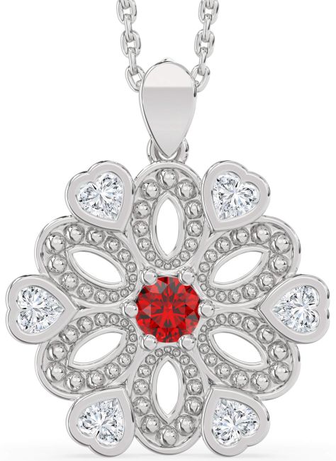 Diamond & Ruby Silver Flower Necklace